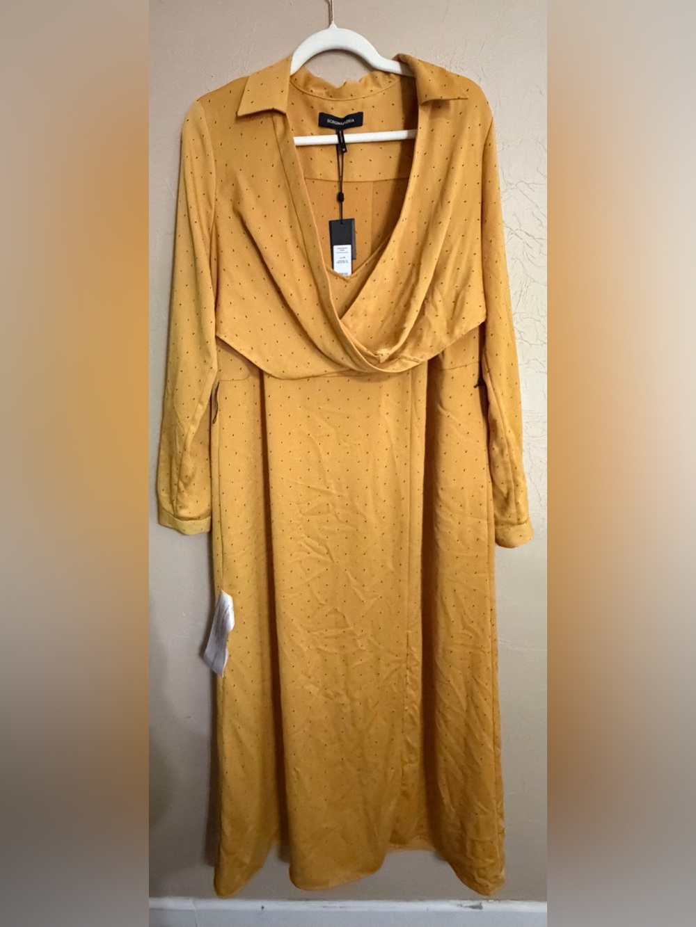 NWT BCBGMaxAzria Mustard Yellow Long Sleeve Drape Neck Dress SIZE M